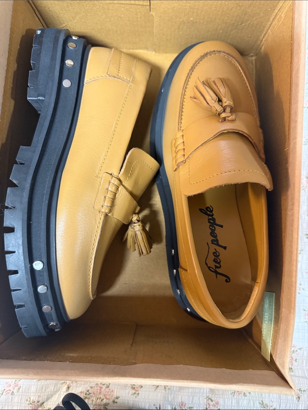 Free People Tan Leather Tassel Chunky-Soled Loafers